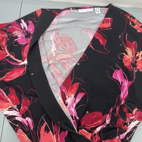 Susan Graver Jumpsuit Liquid Knit Floral Wrap Wide Leg Black Womens M Petite - Picture 6 of 14